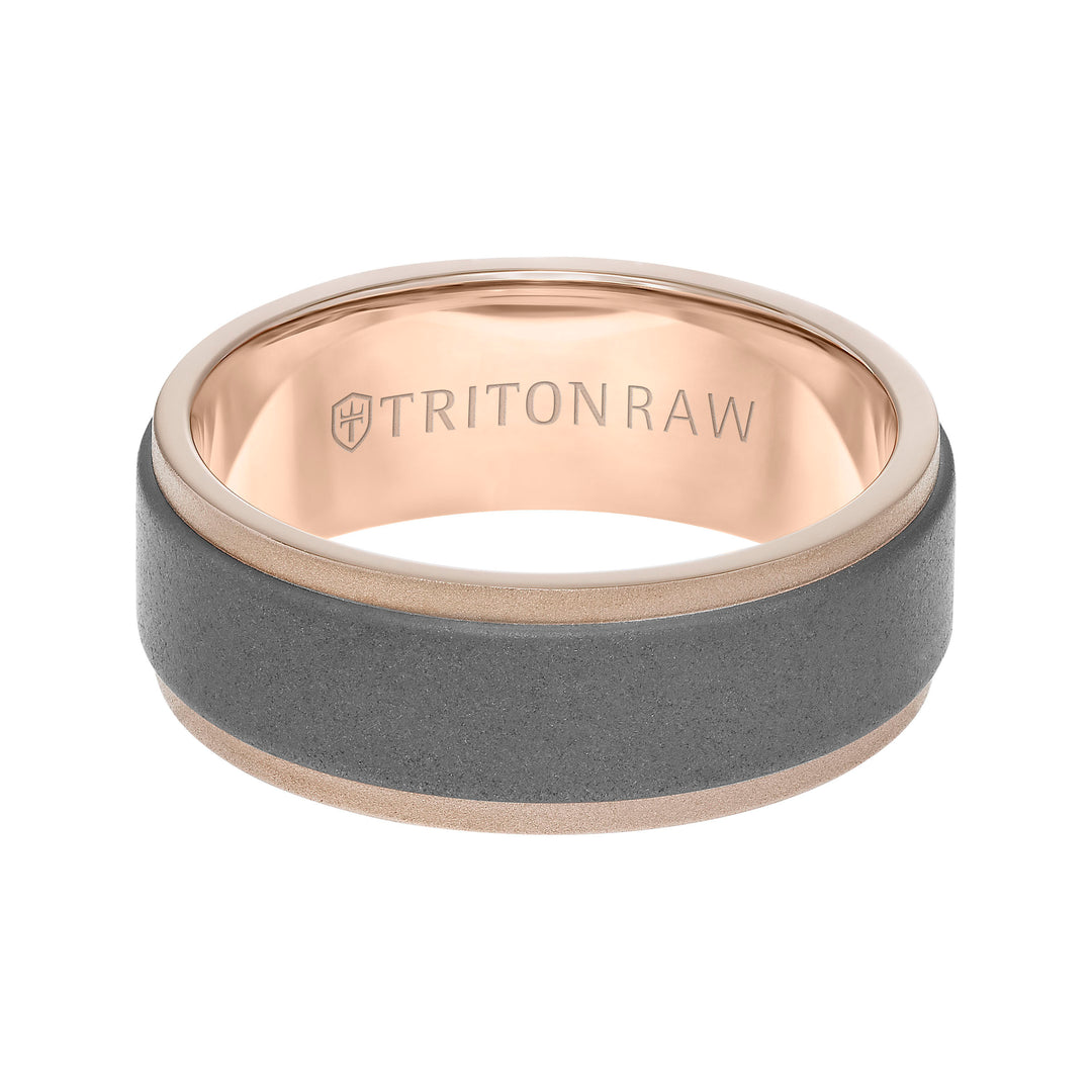 RAW GOLD - Flat profile with innovative raw matte insert in rose 18K gold ring with step edge, 8MM